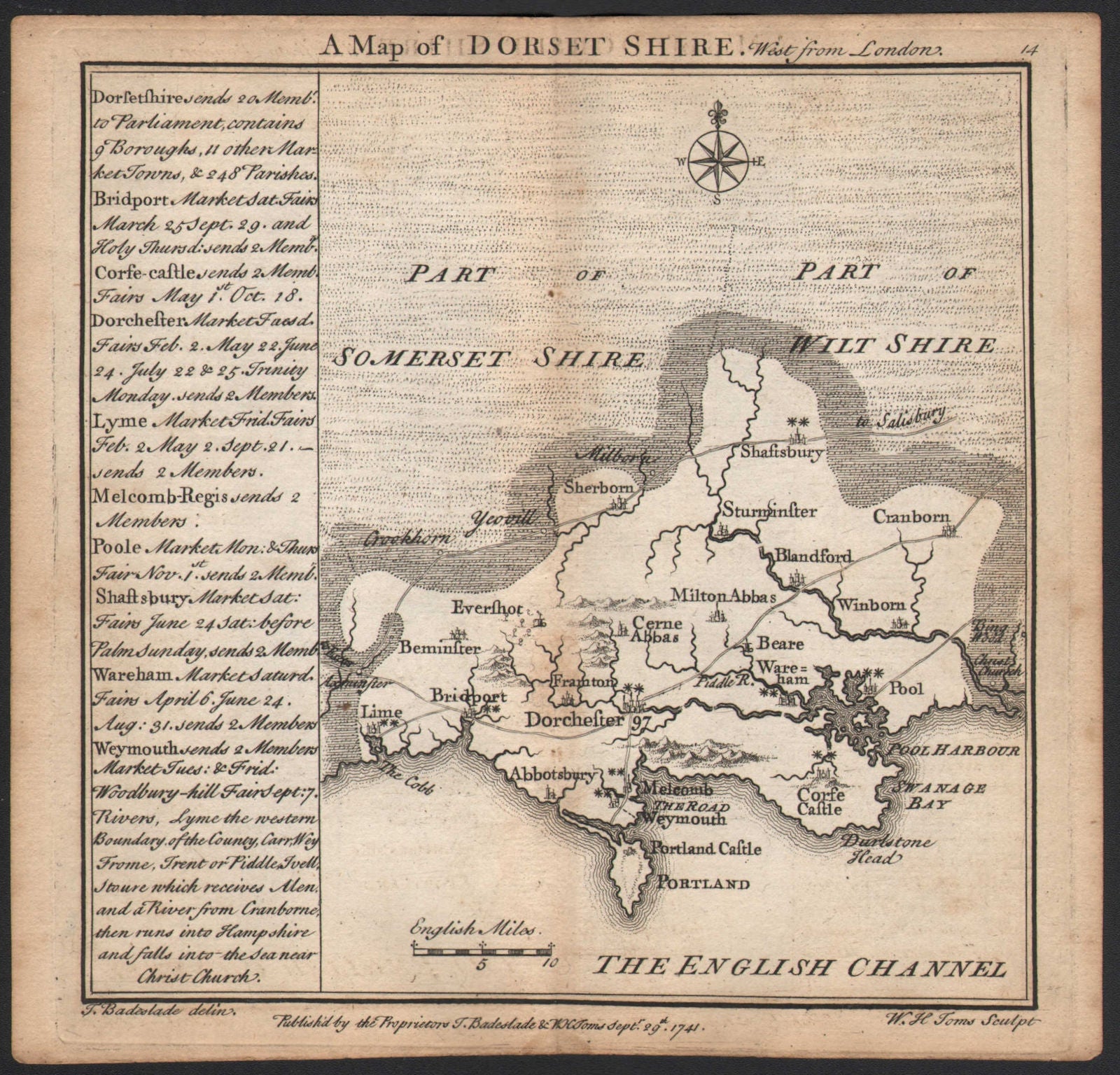 Antique county map of Dorsetshire by Badeslade & Toms 1742 old
